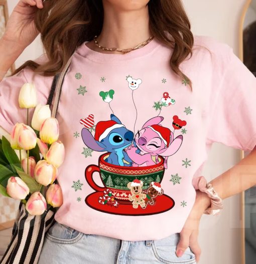 Stitch and Angel Christmas Coffee Cup Balloon Shirt