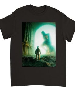 astronaut encountering giant in space t-shirt